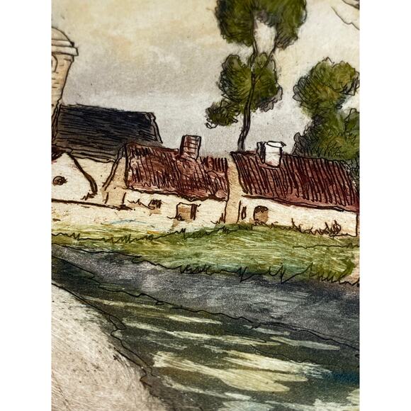 Geo Worn — Hand-Colored Etching Village Scene by River, European Landscape - Picture 6 of 6